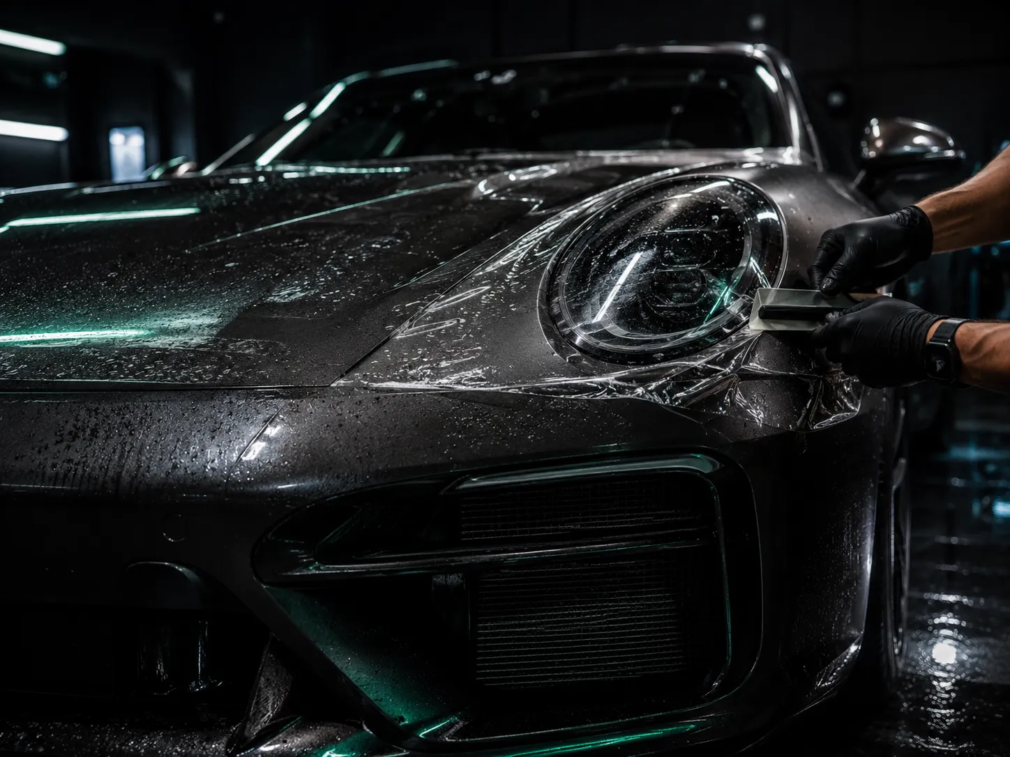 Pose de film PPF sur la face avant d’une Porsche 911 GT3 à Strasbourg